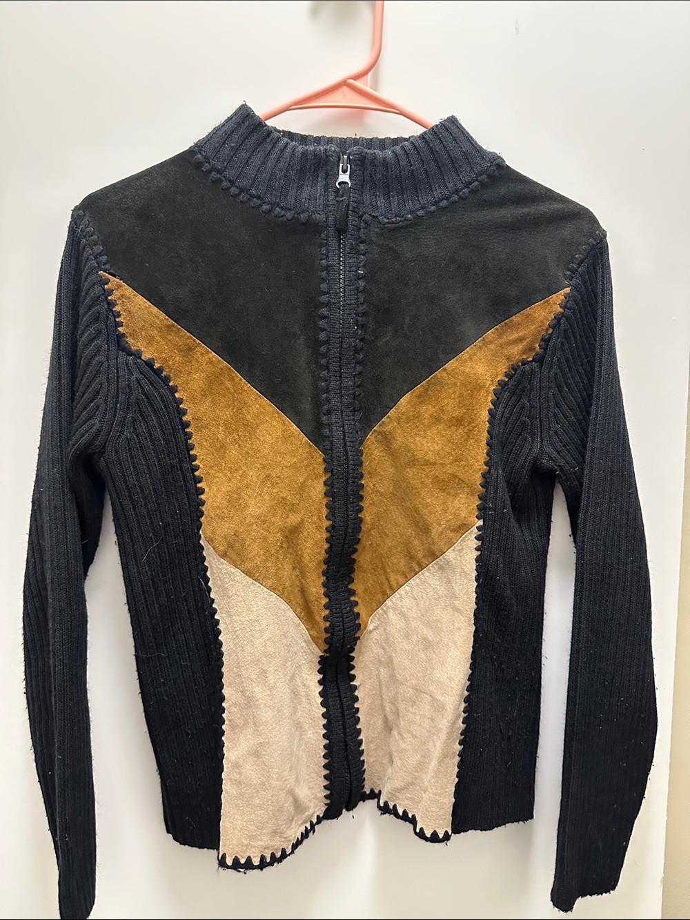 Black Women's Zip-Front Sweater with Suede Panel Accents